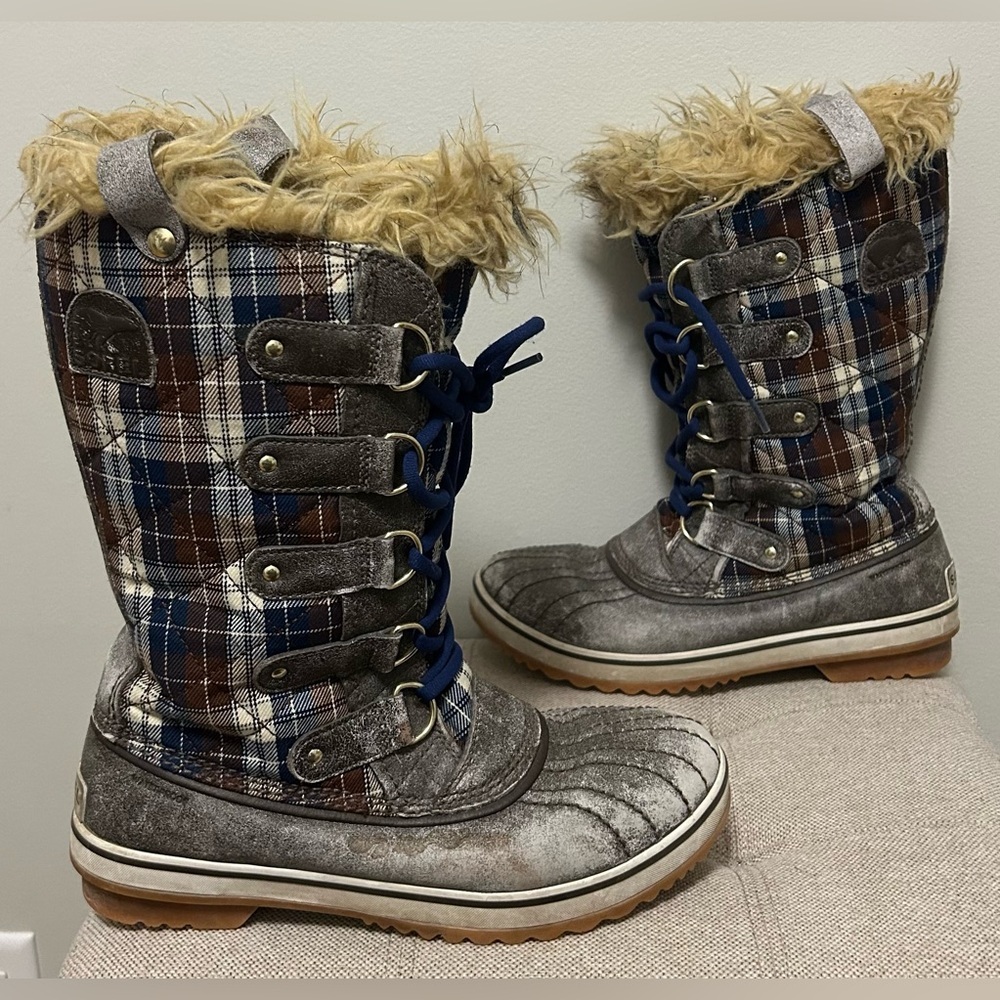 Sorel NL 1796-204 Tofino Women Brown Blue Plaid Waterproof Insulated Boots Sz 8